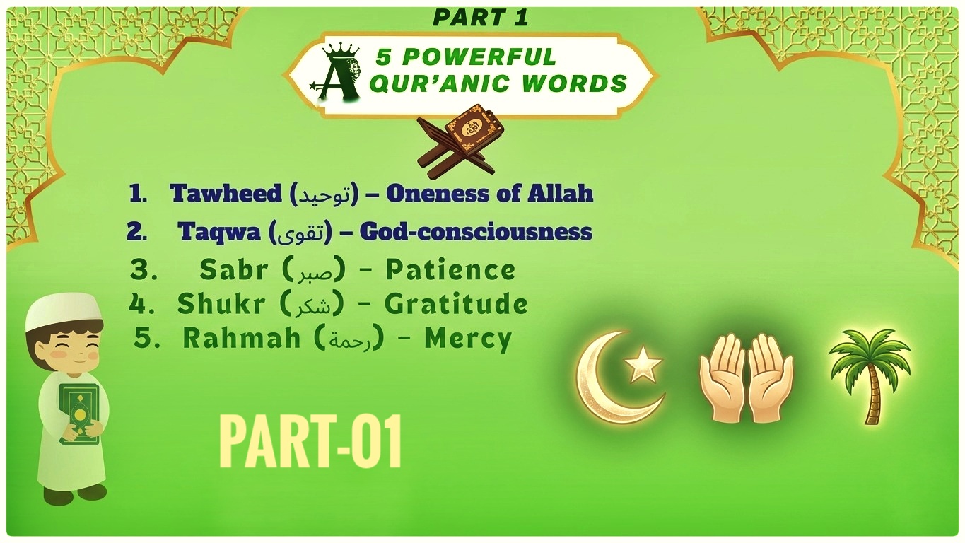 5 powerful Quranic words - Tawheed Taqwa Sabr Shukr Rahmah