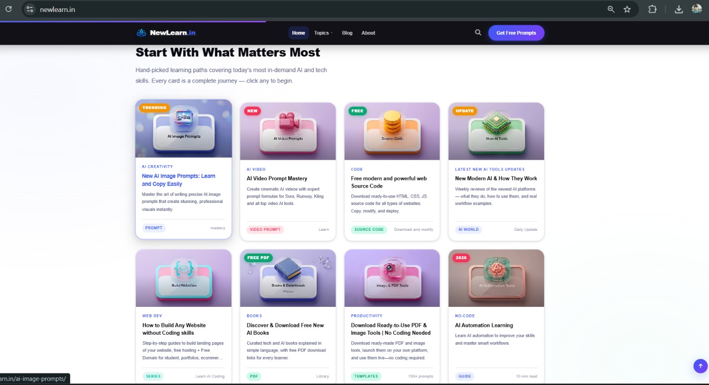NewLearn.in getting started guide — AI prompts, source code aur free books kaise use karein